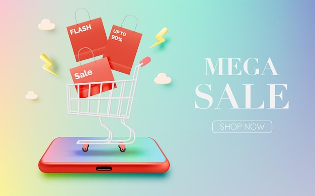 Einkaufstasche und Handy zum Verkauf Banner Online-Shopping-Anwendung