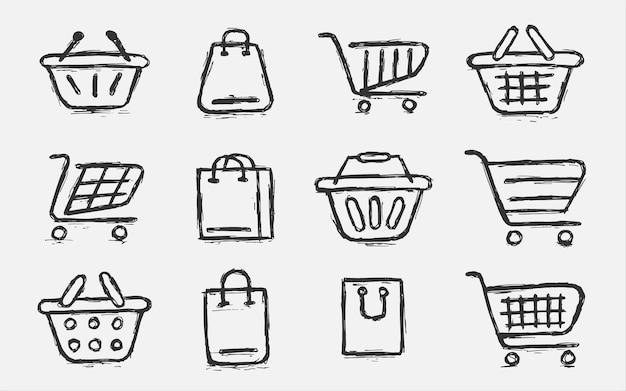 Einkaufswagen-Icon-Set. Sammlung von Web-Icons für Online-Shops, Skizze handgezeichneter Icon-Set