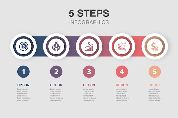 Einkommen Geld sparen Gewinn passives Einkommen Fixed Income-Symbole Infografik-Design-Vorlage Kreatives Konzept mit 5 Schritten