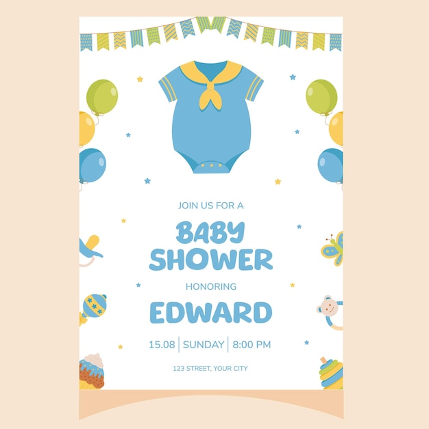 Einladung zur Babyshower-Party Es ist ein Junge Einladung mit Baby-Overall