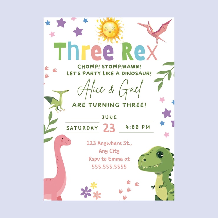 Vektor einladung zur dinosaurier-drei-rex-party