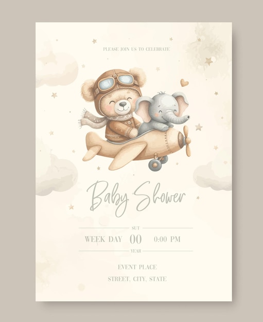 Einladungskarte zur Baby-Shower-Party mit einem Plüsch-Pilotbären
