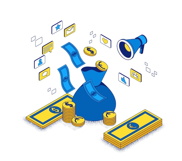 Vektor einnahmen aus werbeausgabenkonzept, kapitalrendite aus isometrischer 3d-illustration der marketingkampagne, geschäftsleute analysieren werbebericht, hintergrund des finanziellen erfolgs