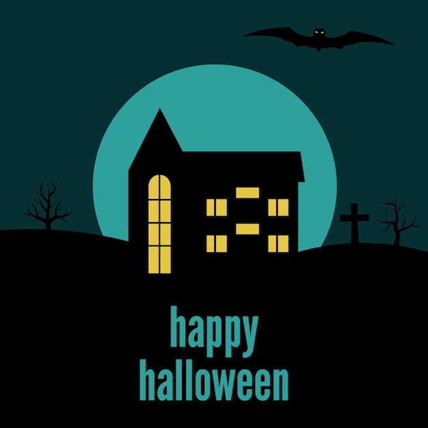 Einsames haus auf dem hintergrund des mondes und der aufschrift happy halloween. vektor-illustration