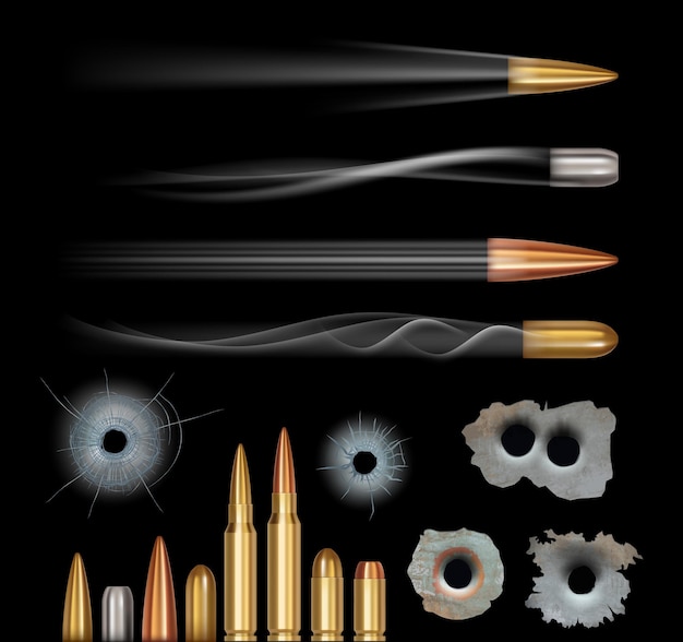 Vektor einschusslöcher kugeln realistische rissige oberfläche jägerelemente und flugspurvektorsatz
