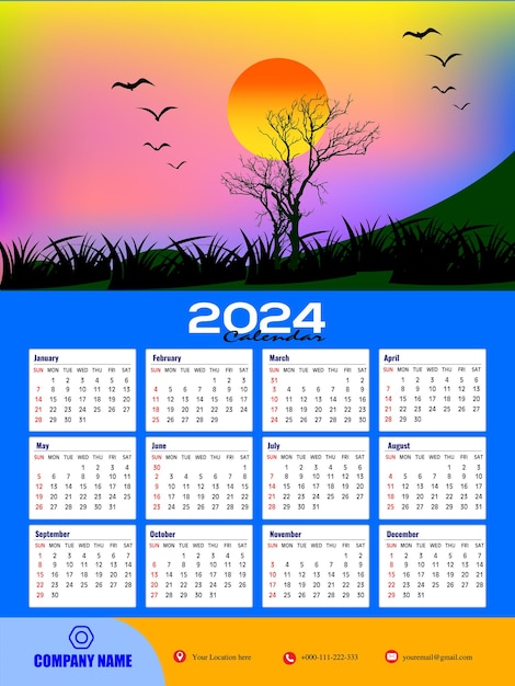 Einseitiger wandkalender 2024 designvorlage moderner 12-monatiger einseitiger kalender wandkalender