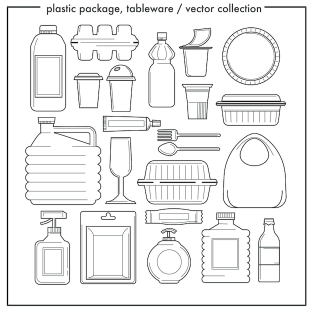 Einweggeschirr und kunststoffverpackungen isolierte umrisssymbole