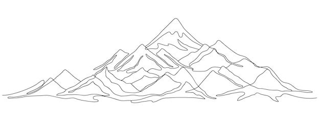 Einzeilige berglandschaft panorama-bergkette mit schneebedeckter spitze, kontinuierliche umrissvektorillustration