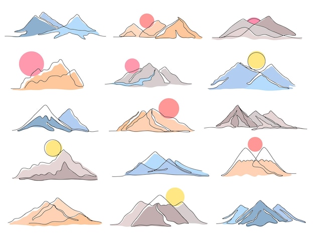 Einzeilige Gebirgskette Landschaft Sonnenuntergangssonne unter Berggipfel minimaler Umriss Natur und abstrakter Hügelvektor-Illustrationssatz