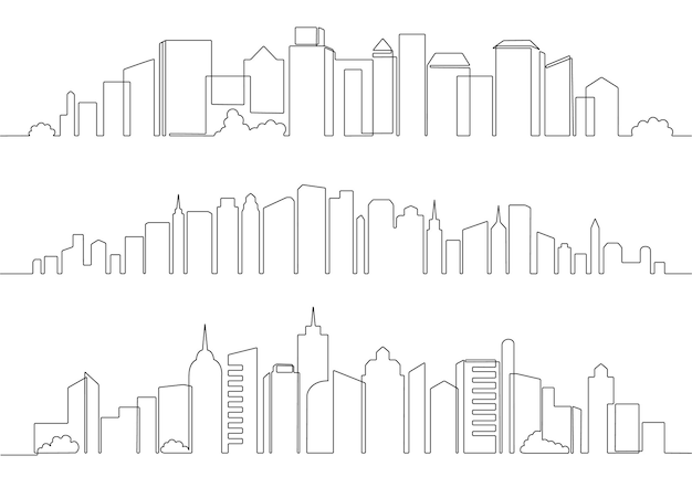 Einzeilige Stadtgebäude Innenstadt Architektur Skyline Panorama Wolkenkratzer Stadtbild und durchgehende Linie urbane Stadt Vektor Illustration Set