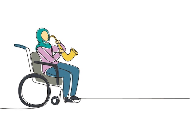 Vektor einzeilige zeichnung einer arabischen frau im rollstuhl, die saxophon spielt, behinderung, klassische musik