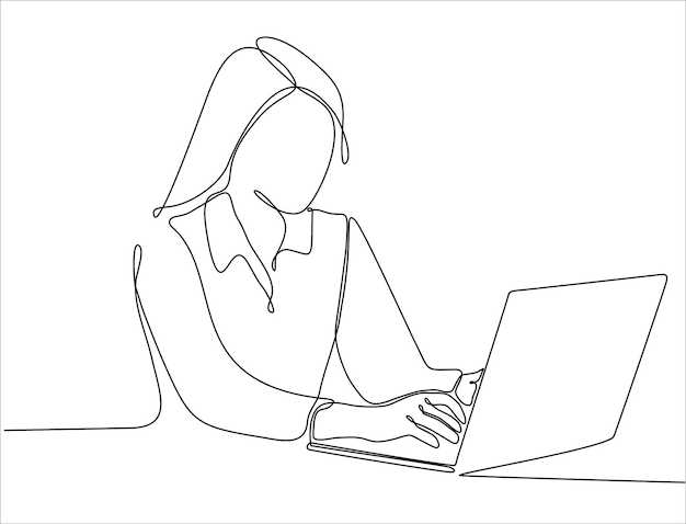 Einzeilige Zeichnung einer Geschäftsfrau, die Geschäftsideen-Konzept auf dem Laptop eintippt, während sie Premium sitzt