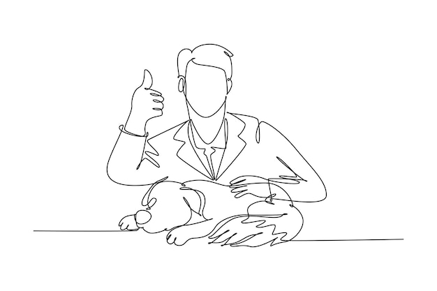 Einzeilige Zeichnung eines jungen, glücklichen Tierarztes mit Geste „Daumen hoch“, nachdem er einen kranken Hund in der Klinik behandelt hat. Haustiergesundheitskonzept. Moderne, kontinuierliche Linienzeichnung, grafische Vektorillustration