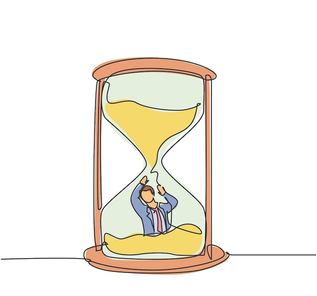 Einzelne durchgehende Linie, die einen jungen Geschäftsmann zeichnet, der in einer Sanduhr vergraben ist und um Hilfe bittet