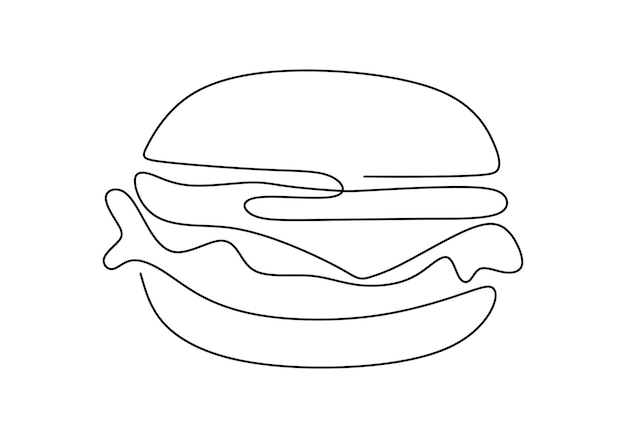 Einzelne durchgehende Linie von Hamburger Big Burger Fast Food in einem Linienstil isoliert auf weißem Hintergrund