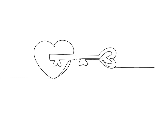 Vektor einzelne durchgehende strichzeichnung eines paares herzförmiger schlüssel und schlüsselloch, passend zum romantischen puzzle-symbol