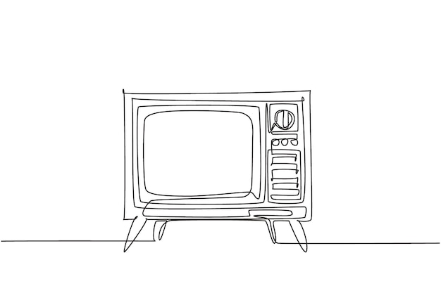 Einzelne durchgehende Strichzeichnung eines Retro-Fernsehers mit Holzgehäuse. Antiker analoger Fernseher