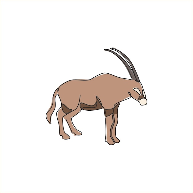 Vektor einzelne durchgehende strichzeichnung eines schneidigen oryx für das firmenlogo. antilopensäugetier für das parksymbol