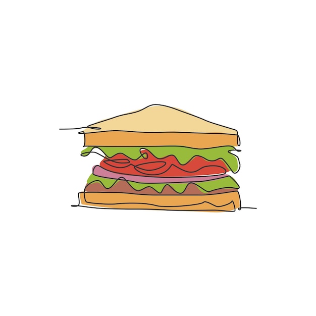 Einzelne durchgehende strichzeichnung eines stilisierten sandwich-logo-etiketts. fast-food-lieferservice-café