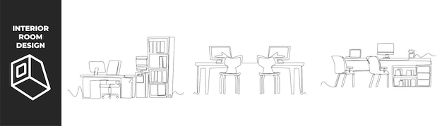 Einzelne einzeilige zeichnung büroeinrichtungskonzept schreibtischstuhl computerschrank und anlage kontinuierliche linienzeichnung design-grafik-vektorillustration