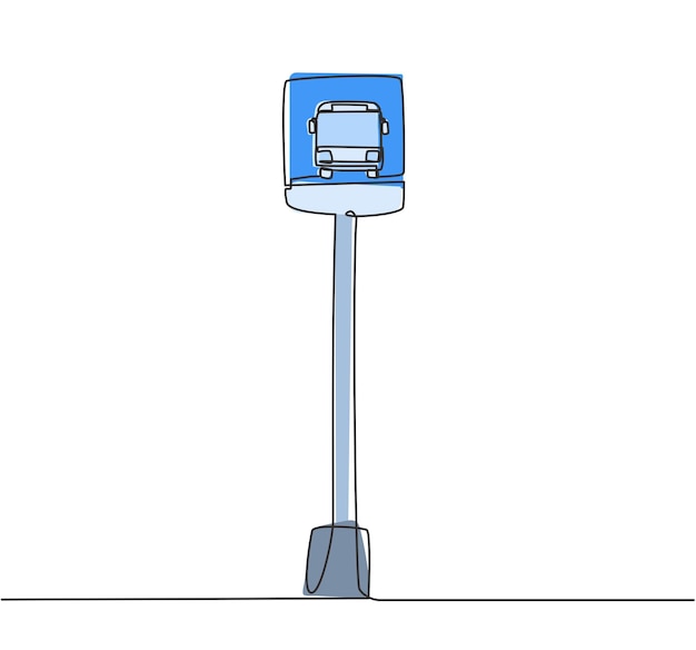 Einzelne einzeilige zeichnung einer bushaltestelle mit einem einfachen busschild am rand einer stadtstraße
