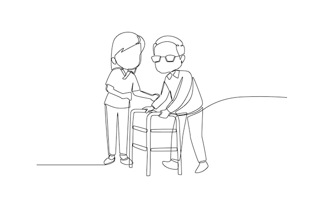 Einzelne einzeilige zeichnung ist krankenschwester unterstützt und hilft älteren patienten mit einem walker tag der großeltern kontinuierliche linienzeichnung design grafische vektorillustration