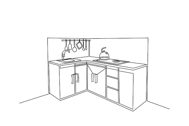 Vektor einzelne einzeilige zeichnung modernes kücheninterieur küchenraumkonzept kontinuierliche linienzeichnung design-grafik-vektorillustration