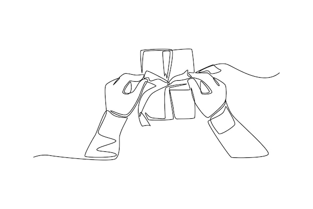 Einzelne einzeilige Zeichnung von oben Hand, die das Geschenk einwickelt Giving Season Go-Konzept Kontinuierliche Linienzeichnung Design-Grafik-Vektorillustration