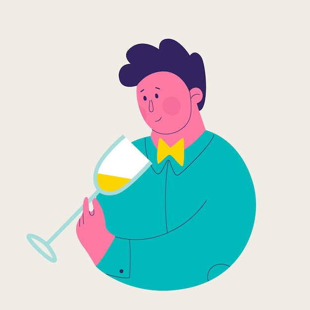 Einzelne Illustration aus einer Reihe von Weißweinproben Netter Mann, der die Farbe und den Farbton des Weins erforscht