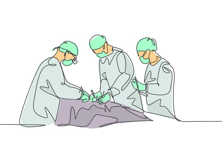 Vektor einzelne kontinuierliche einzellinienzeichnung, teamchirurg, arzt, der eine operation am patienten durchführt