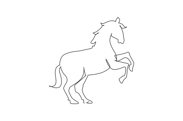 Vektor einzelne kontinuierliche linie zeichnung stolzes weißes pferd geht anmutig mit seinem vorderen huf nach vorne wild mustang galoppieren in der freien natur starkes tier maskottchen eine linie grafisches design vektor illustration