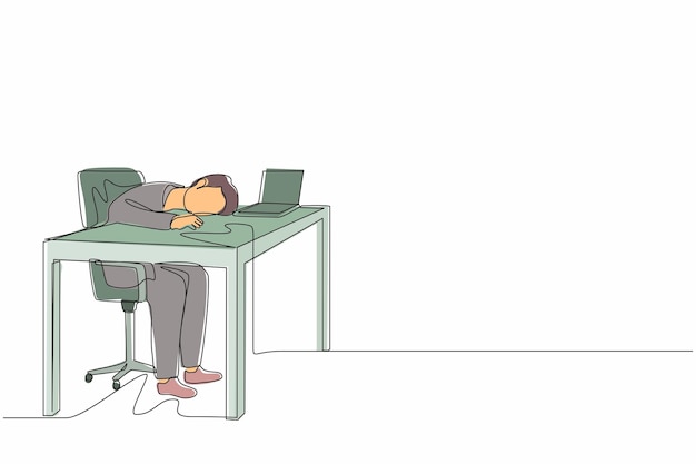 Einzelne kontinuierliche Zeichnung erschöpft krank müde männliche Manager im Büro traurig langweilig sitzend Vektor