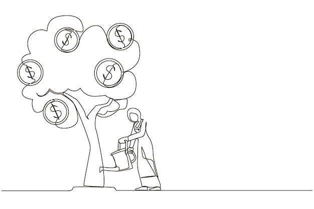 Einzelne kontinuierliche zeichnung geschäftsinvestitionen mit einem geldbaum bewässerung von bäumen mit münzen