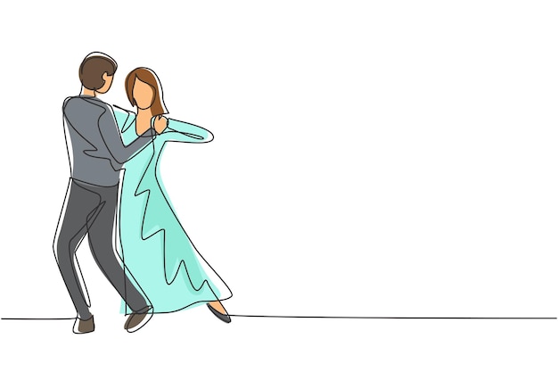 Einzelne zeile zeichnung mann frau professioneller tänzer paar tanzt tango walzer tanzt auf tanzen