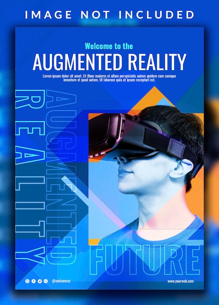 Einzigartige horizontale vertikale moderne Einführung des zukünftigen Augmented-Reality-Metaverse-Plakatdesigns mit einem Jungenfoto