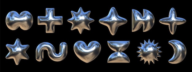 Einzigartige Sammlung aufgeblähter Figuren mit verschiedenen kreativen Formen mit einer glänzenden metallischen flüssigen Textur auf einem dunklen Hintergrund