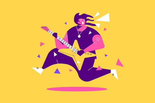 Vektor einzigartiger mann, der beim spielen der gitarre springt, vektor-illustration