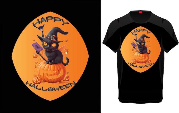 Vektor einzigartiges kostenloses vektor-halloween-cartoon-vektor-illustrations-t-shirt-design mit schwarzer katze für alle