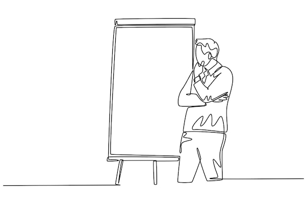 Einzige kontinuierliche linienzeichnung des jungen business-coach-unterrichtsstrategien zur steigerung des unternehmenswachstums auf flip-chart vor der klasse business-coaching eine linienschreibung grafik-design-vektor-illustration