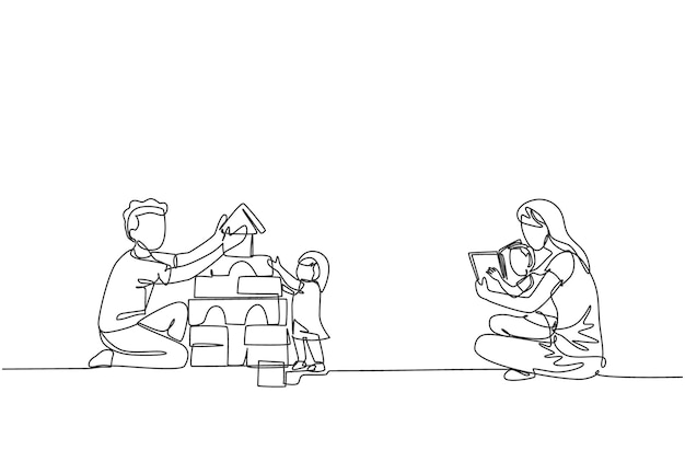 Einzige kontinuierliche Zeichnung einer jungen Mutter, die einem Sohn ein Buch liest, und eines Vaters, der ein Block-Puzzle-Haus spielt