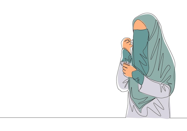 Vektor einzige kontinuierliche zeichnung einer jungen schönen asiatischen muslimin, die eine burka trägt, während sie ihre hand hält traditionell schöne muslimische frau niqab mit hijab konzept einzeichnung design vektor-illustration