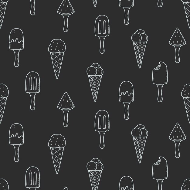 Eis am Stiel am Stiel und in Waffeltüten. Nahtloses Muster im Sommer-Dessert-Doodle-Stil, Tapetenhintergrund-Vektorillustration