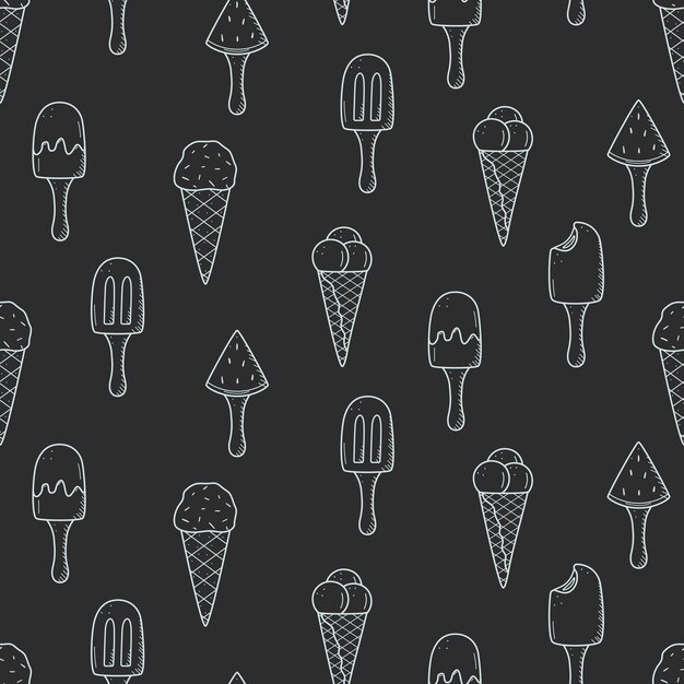 Eis am Stiel am Stiel und in Waffeltüten. Nahtloses Muster im Sommer-Dessert-Doodle-Stil, Tapetenhintergrund-Vektorillustration