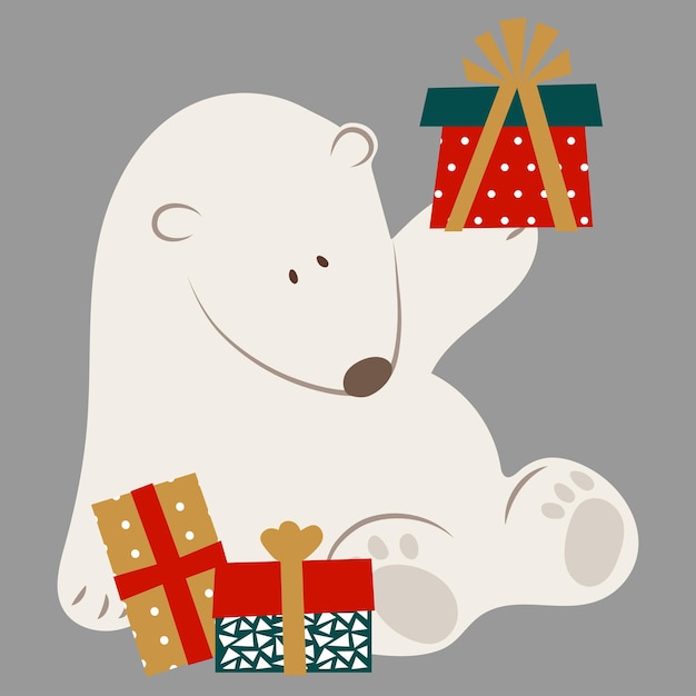 Eisbär mit Geschenken Grußkarte für Weihnachten oder Neujahr festliche ClipArt auf grauem Hintergrund