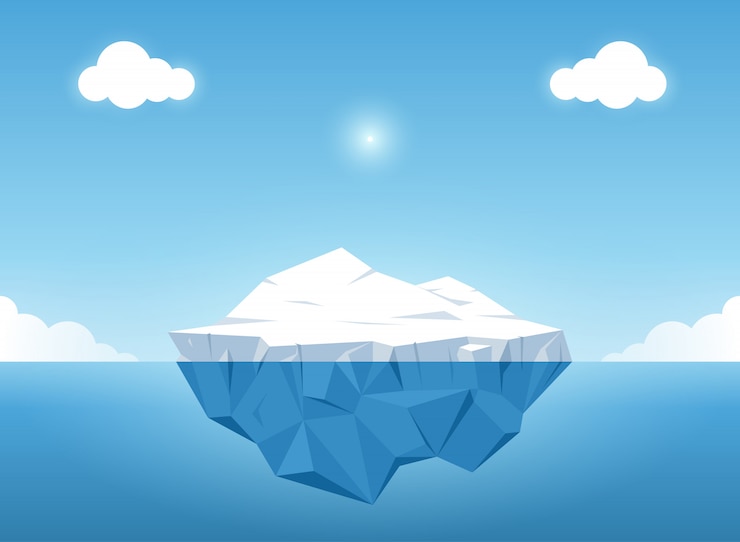 Vektor eisberg mit oben und schöner transparenter unterwasseransicht in den ozean. vektorillustra