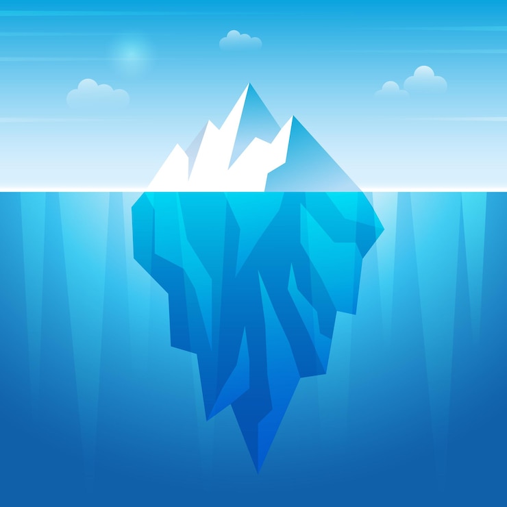 Vektor eisberg unter wasser. fließender eisfelsen im ozeanwasser gefrorener neuer vektorhintergrund des berges. illustration nordeis unter ozean, eisberg kaltes polygon