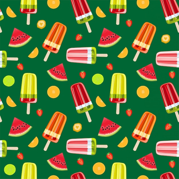 Eiscreme, Fruchteis nahtloses Muster. Buntes nahtloses Sommermuster mit tropischen Früchten und Eiscreme. Geschenkpapier, Stoff, Tapete, Hintergrunddesign.