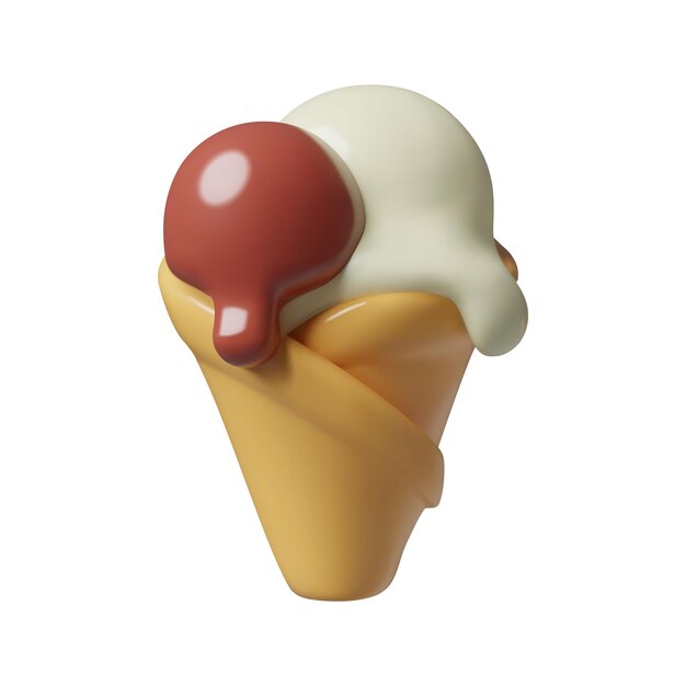 Eiscreme-Kegel 3D-Vektor-Symbol mit schmelzender Schokoladen-Schüssel in Waffelkuppe süßes Essen Sommer-Emoji