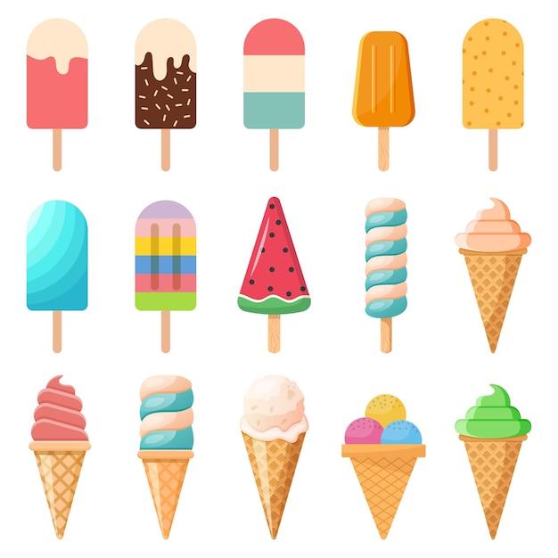 Eiscreme-Popsicle-Icon-Set-Kollektion im flachen Stil Geschmackvolle Dessert-Vektorillustration auf isoliertem Hintergrund Süßes Esszeichen Geschäftskonzept