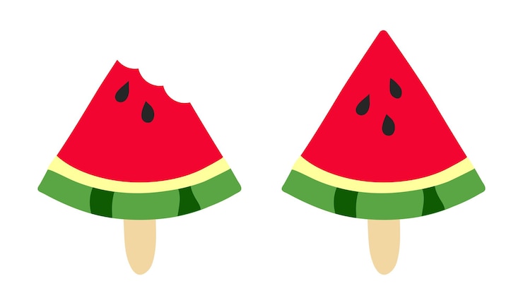Vektor eiscreme wassermelone auf einem stock bissen sie ein dreieckiges stück sommerrotstreifenfrucht samen doodle
